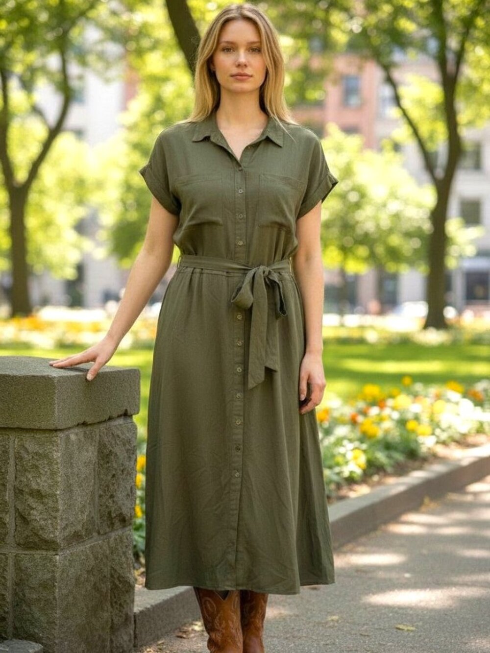 Universal Thread Linen Blend Olive Green Midi Dress Size XL
